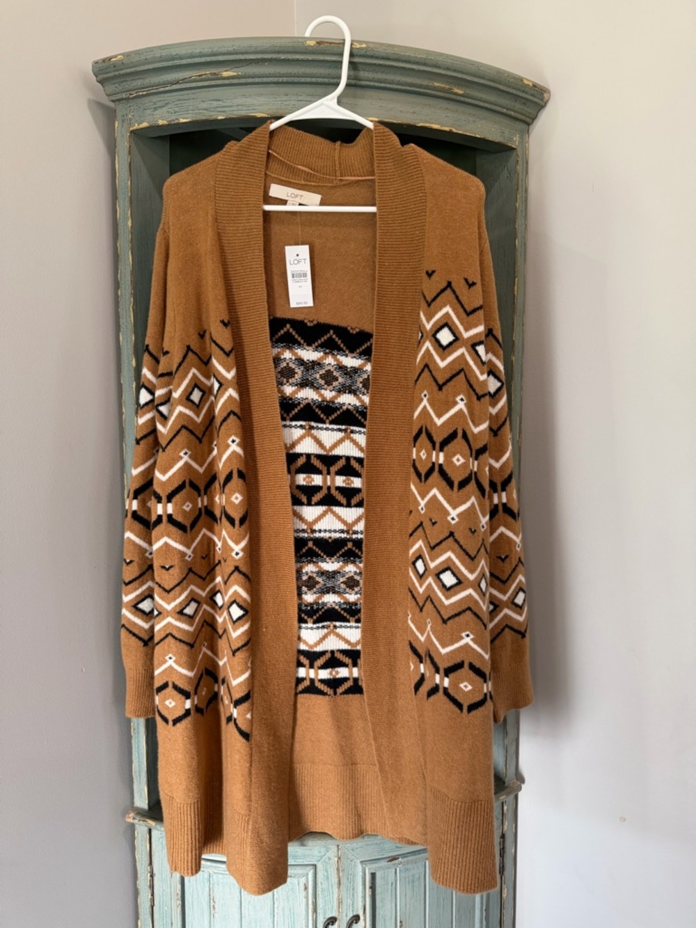 LOFT Camel Brown Open Knit Cardigan with Black Pattern Long NWT
